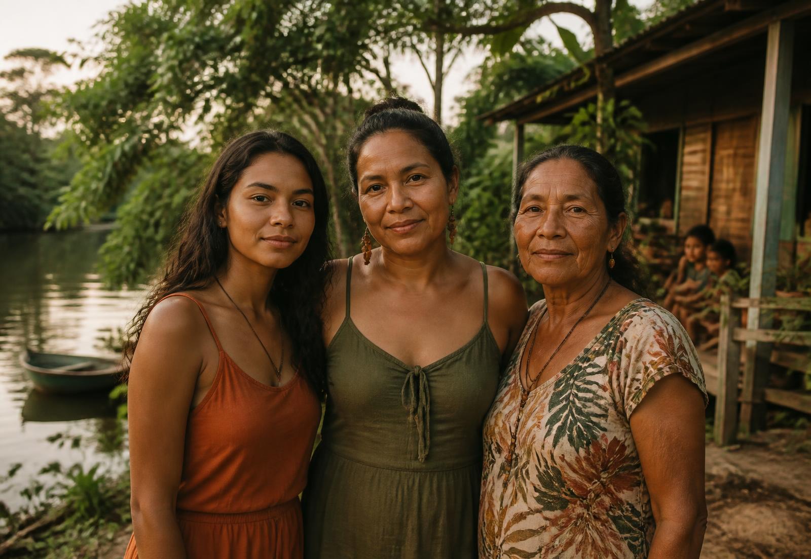 Três mulheres amazonenses de idades diferentes juntas em uma comunidade à beira do rio